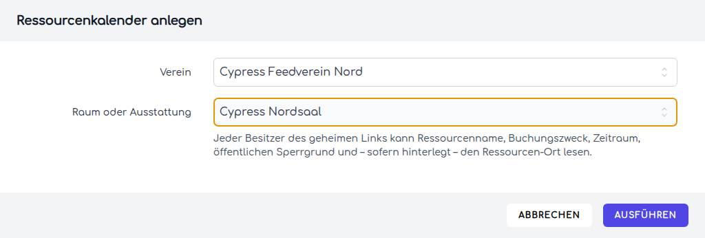 Dialog mit ausgewähltem Verein und dessen Ressource