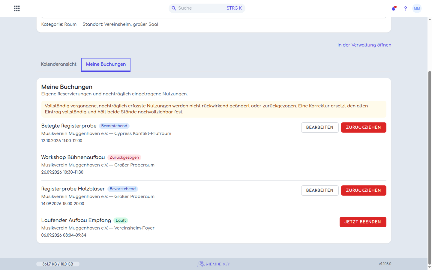 Liste der eigenen Ressourcenbuchungen
