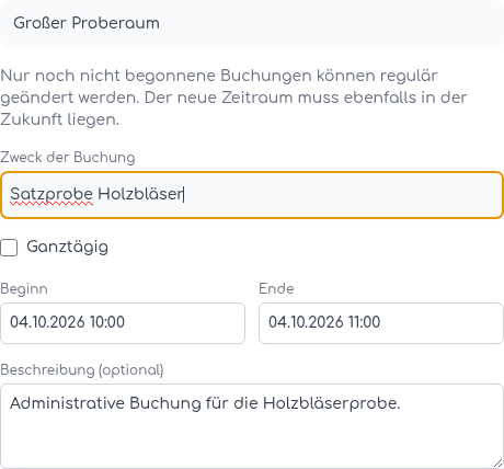 Bearbeitungsdialog einer administrativen Buchung