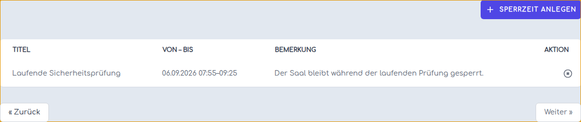 Liste nach dem Löschen der künftigen Sperrzeit