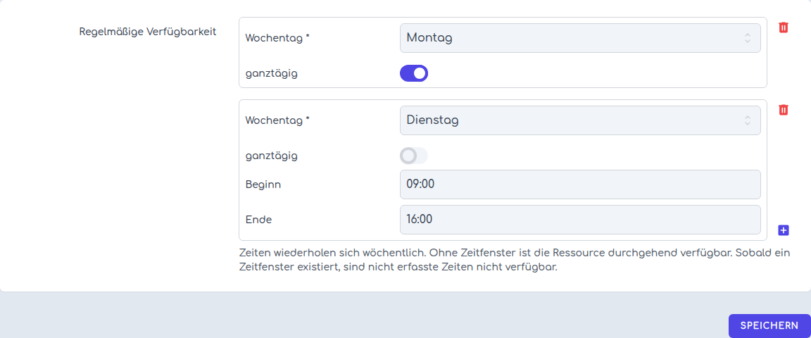 Gespeicherter Wochenplan mit ganztägiger und zeitlich begrenzter Freigabe