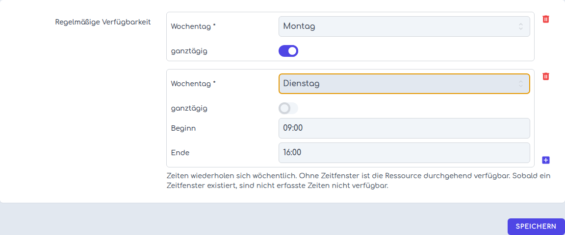 Montag ganztägig und Dienstag mit Beginn und Ende im Wochenplan