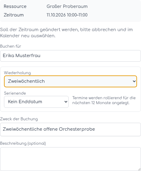 Zweiwöchentlicher Rhythmus mit offenem Serienende und Hinweis zur Vorausplanung