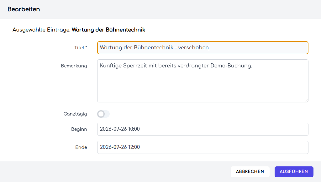 Bearbeitungsdialog einer künftigen Sperrzeit
