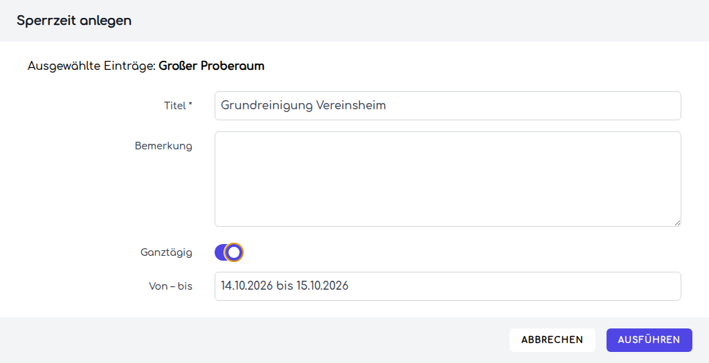 Ganztägige Sperrzeit mit Datumsbereich