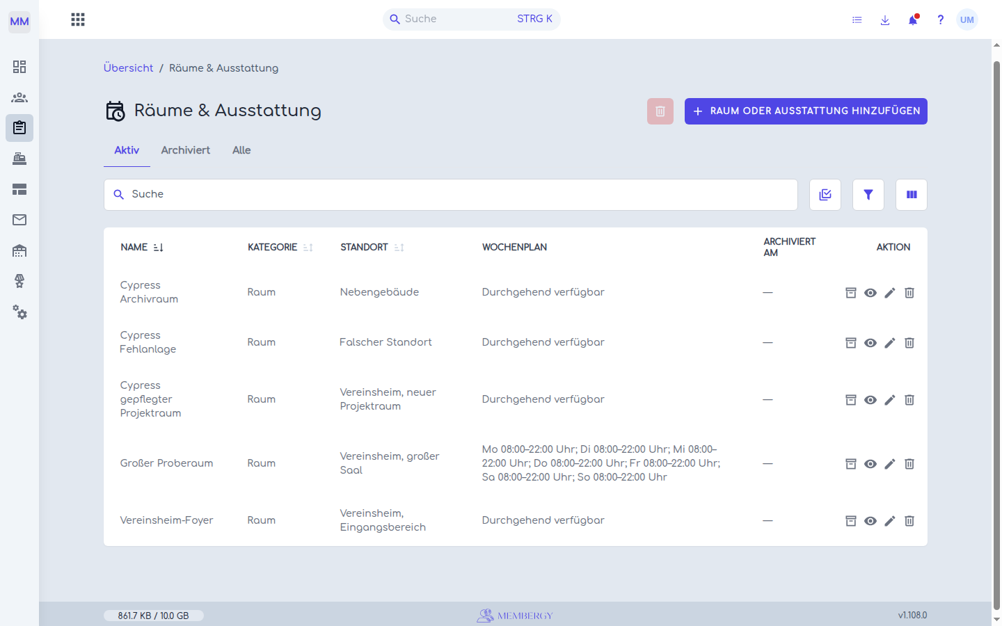 Ressourcenliste mit gespeichertem Projektraumnamen und neuem Ort