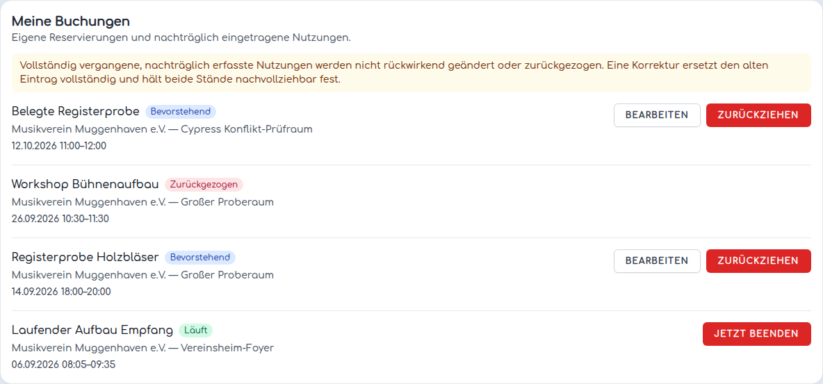 Laufende eigene Nutzung in der Buchungsliste