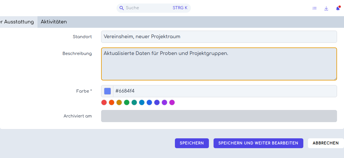 Bearbeitungsformular mit aktualisiertem Namen, Ort und Beschreibung
