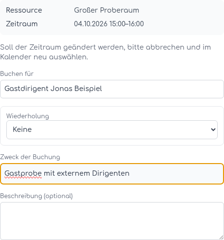 Administrative Buchung für einen ausgewählten Freitextnamen