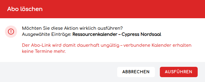 Bestätigung zum Löschen des Ressourcenkalenders