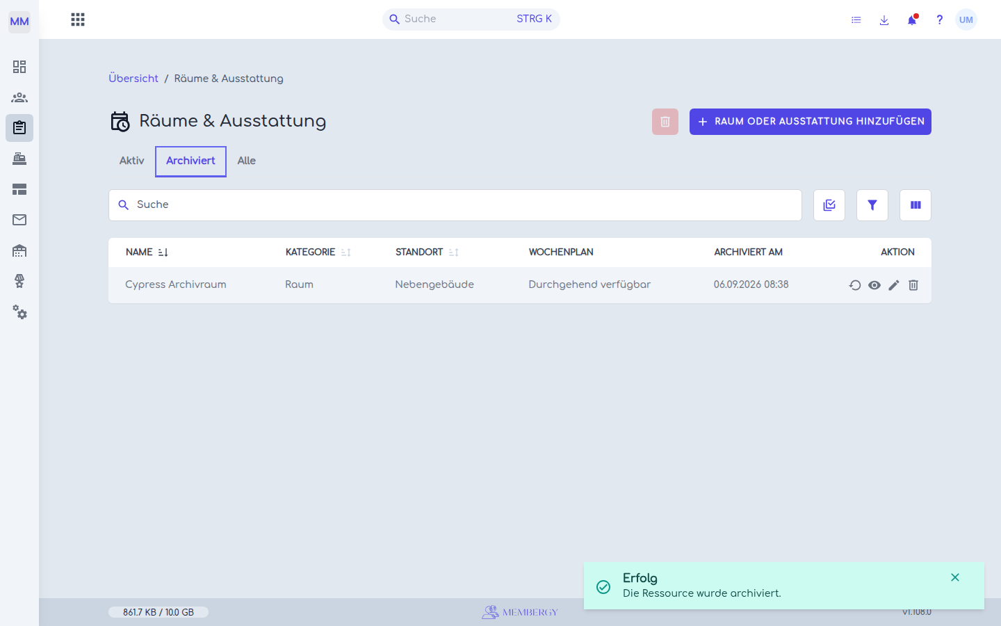 Archivierte Ressource in der entsprechend gefilterten Liste